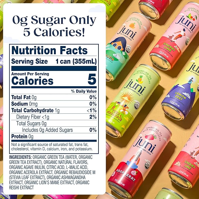 Juni Sparkling Adaptogen Drink with Ashwagandha, Lion’s Mane & Reishi Mushrooms, Green Tea for Focus, Zero Sugar, 5 Calories, Organic, Non Alcoholic Drinks - Lemon 12 pack