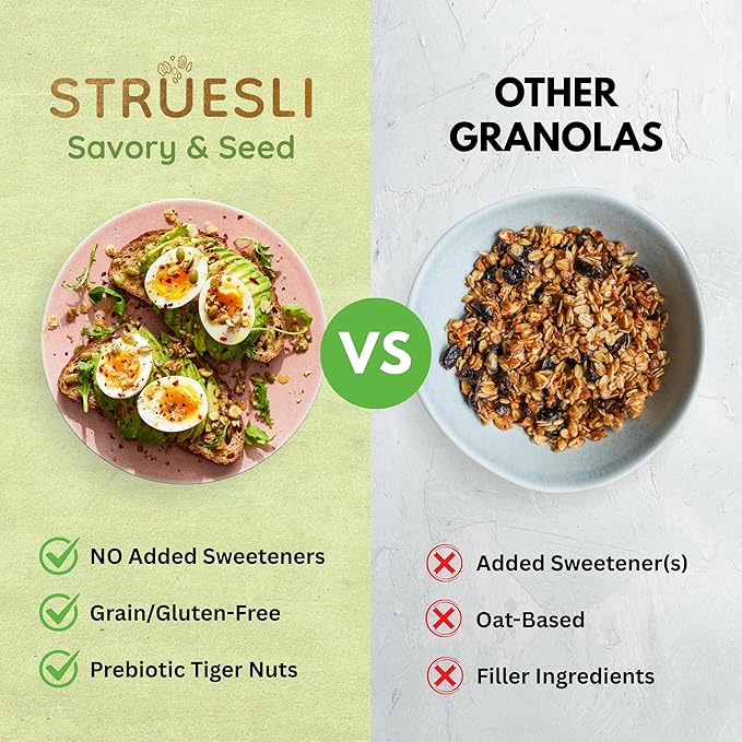 Struesli Savory + Seed Organic Granola, Nut, Grain & Gluten Free, Healthy Snacks with Pumpkin, Sunflower & Chia Seeds, Hemp Hearts, Flax, Tiger Nuts & Sea Salt, Plant Based, Keto & Paleo, 32 Oz, 2 Pack