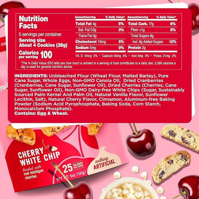 COOPER STREET Twice Baked Cherry White Chip Biscotti Cookies - Crispy Mini Biscotti Cookies Ideal with Coffee - Traditional Low Calorie Italian Snacks - Kosher, Dairy, Peanut & Soy Free (6 Pack)