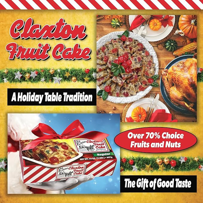 Old Fashion Claxton Fruit Cake - 1 Lb. Dark Recipe - Wrapped for Freshness in our Signature Claxton Carton