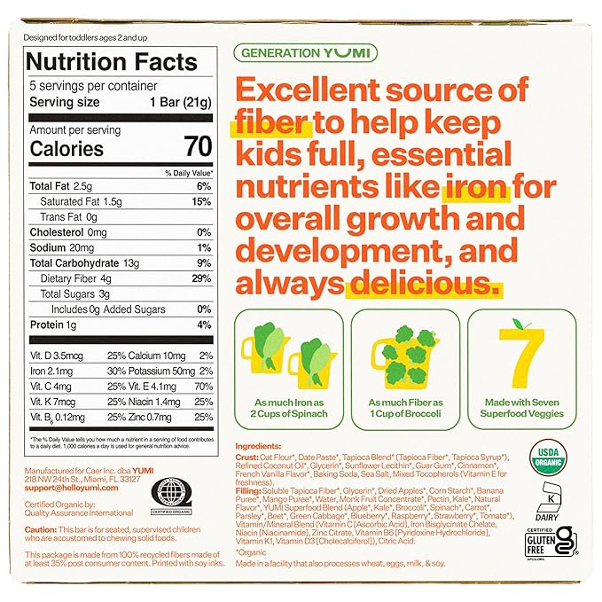 Yumi Organic Toddler Snacks Bars - Gluten-Free, No Added Sugar, 7+ Vegetables, Soft-Baked Crust Yumi Bars, Healthy Toddler Organic Snacks - School Safe and for Lunch Boxes, Mango & Kale (30ct.)