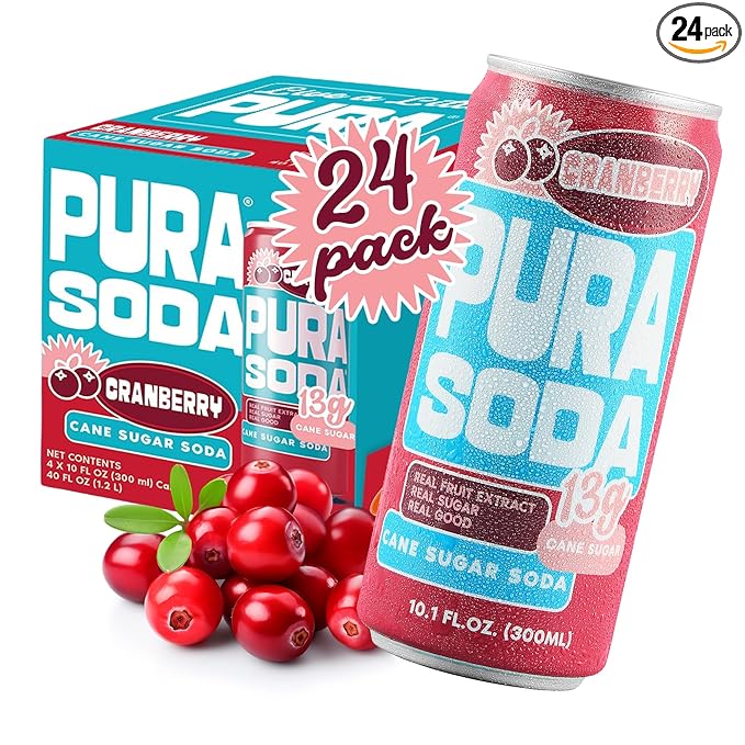 PuraSoda® Cranberry | Low-Calorie, Cane Sugar Soda Beverage | Non-GMO, Vegan | Made with Pure Cane Sugar, Clean & Refreshing | 10.1 fl oz (300ml) Cans, Pack of 24