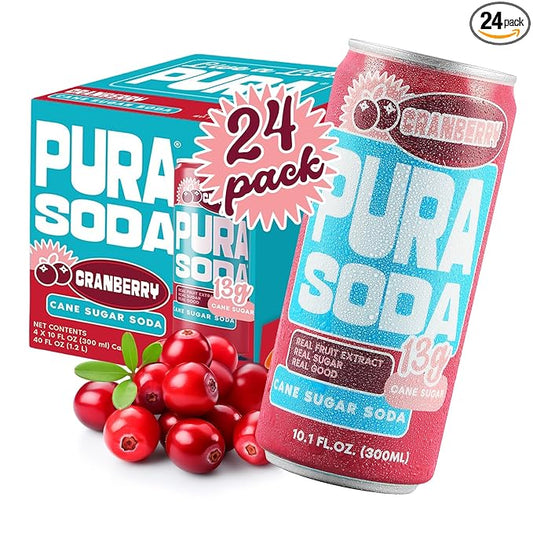 PuraSoda® Cranberry | Low-Calorie, Cane Sugar Soda Beverage | Non-GMO, Vegan | Made with Pure Cane Sugar, Clean & Refreshing | 10.1 fl oz (300ml) Cans, Pack of 24