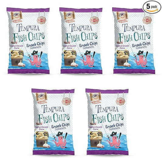 Swashbuckle Snacks Crispy Tempura Fish Chips Garlic and Sesame Flavor 0.95oz (27g) - 5pack, Made in Japan, Otsumami