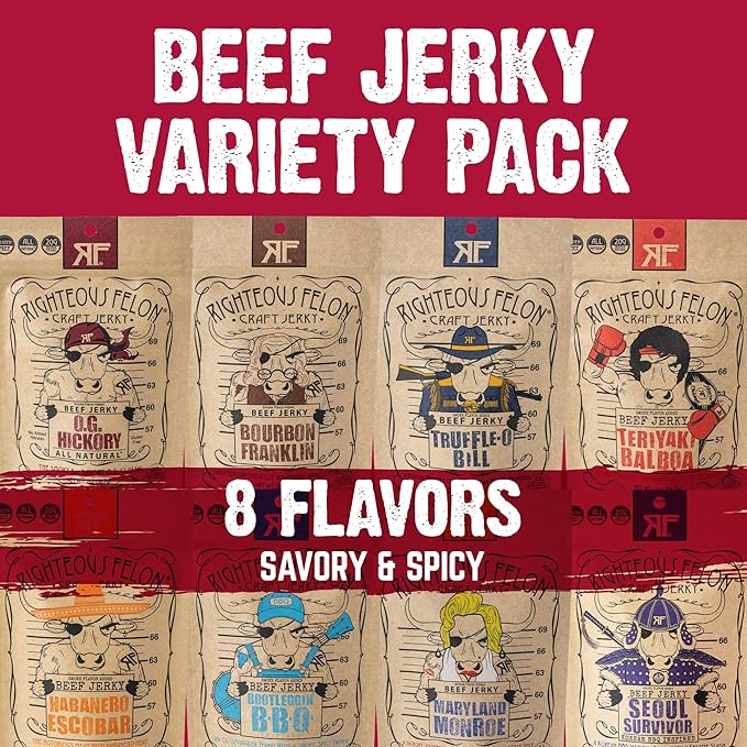 Righteous Felon Beef Jerky Variety Pack | Gluten Free Beef Jerky Snack Pack | High Protein, Keto-Friendly, Low Sugar | Made with Premium Meats | Valentines Day Gifts for Men | Sampler 8 Pack