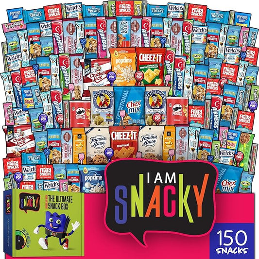 I AM Snacky - Valentines Day Snack Box Variety Pack Care Package + Greeting Card - SNACKY'S CELEBRATION CRATE (150 Count) Birthday Sweet Treats Gift Basket, Candies Chips