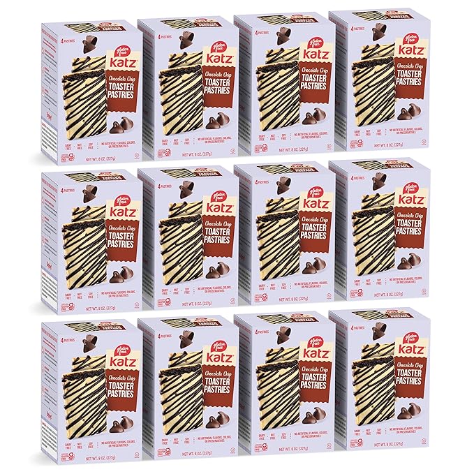 Katz Gluten Free Chocolate Chip Toaster Pastries. Breakfast Foods Snacks. Free of Dairy, Peanuts, Tree Nuts, and Sesame, No Artificial Color. Kosher. 8oz (12pk)