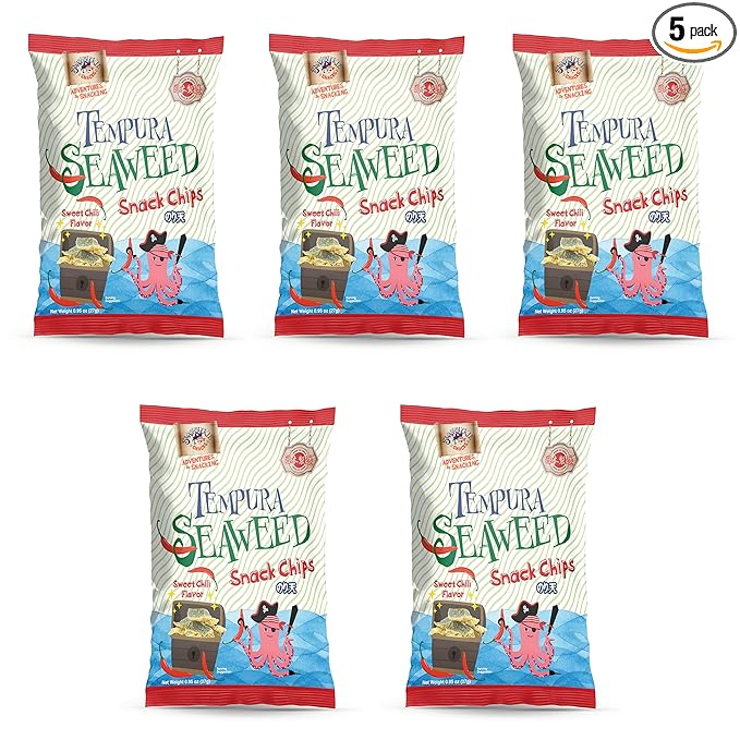Japanese Tempura Seaweed Chips, Noriten – Sweet Chili Flavor | 0.95oz x 5 Pack | Made in Japan by Swashbuckle Snacks