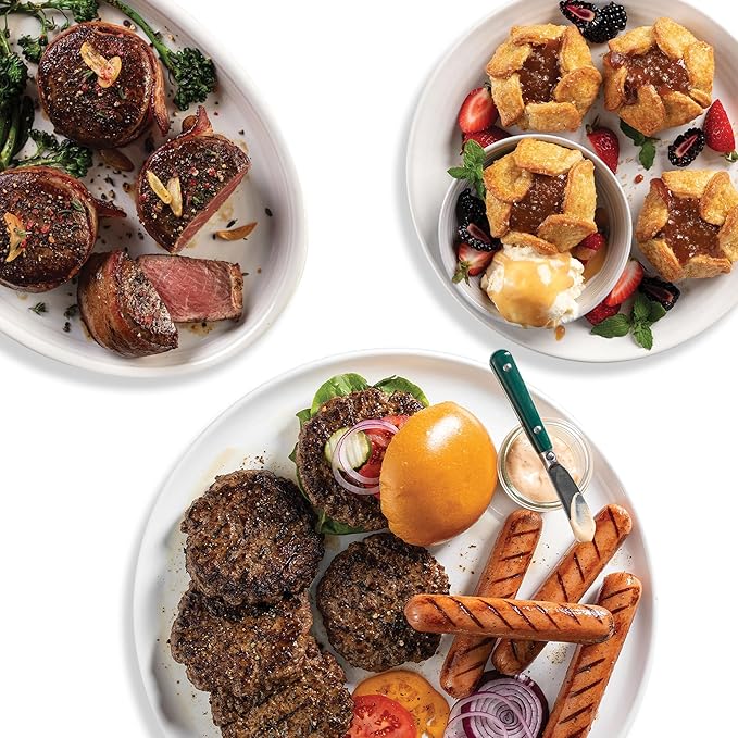 Omaha Steaks Deluxe Package, Gift-Ready or Stock Up, 21 items, 12 entrees - 4 Bacon-Wrapped Filet Mignons, 4 Steak Burgers, 4 Gourmet Jumbo Franks, 4 Au Gratin Potatoes, 4 Caramel Apple Tartlets, 1 jar Omaha Steaks Seasoning