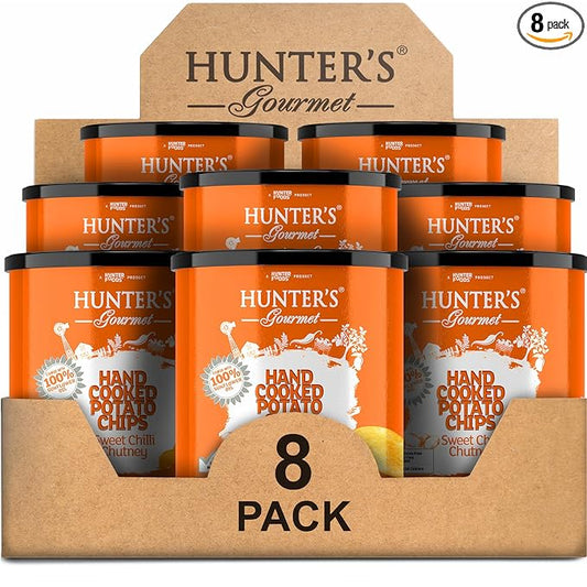 Hunter's Gourmet Hand-Cut Chips | Made with 100% Sunflower Oil | No Artificial Colors & Preservatives | MSG-Free | Sweet Chilli Chutney | Vegetarian Potato Chips | Gourmet Snacks | Pack of 8 | 40g