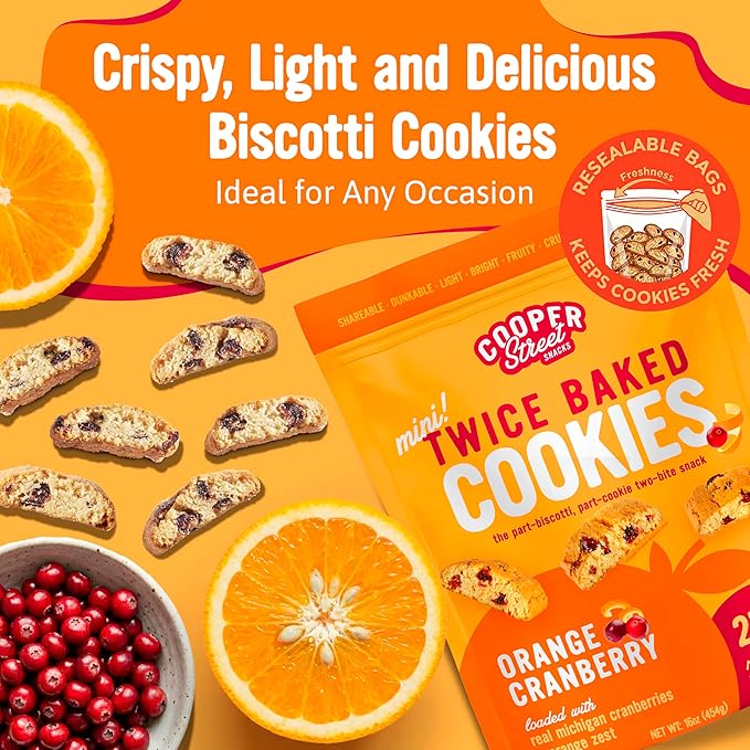 Cooper Street Twice-Baked Orange Cranberry Biscotti Cookies (16 oz - Pack of 4) – Over 50 Biscotti per Bag Loaded with Real Fruit, Italian Style Snacks with Coffee or Tea - Dairy, Peanut & Soy Free