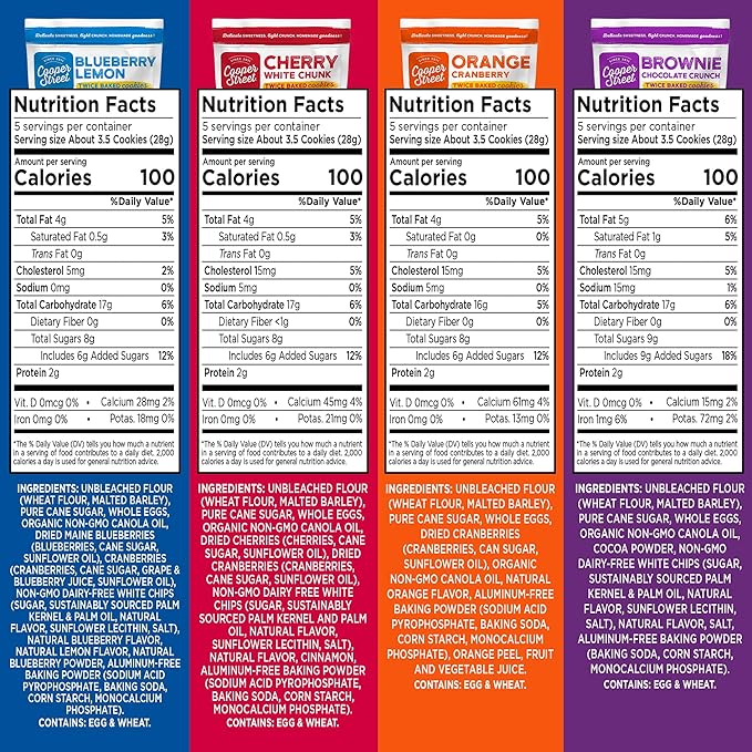 Cooper Street Cookies Twice Baked Italian Biscotti Cookies - Lemon Blueberry, Orange Cranberry, Cherry, Cinnamon Chocolate Chip Crispy Italian Biscotti Cookies - Variety Pack - 18Oz - Pack of 4