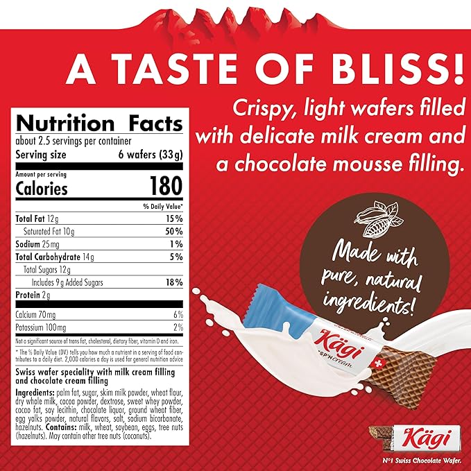 Swiss Milk Chocolate Mousse Filled Wafers by Kägi, Individually Wrapped Snacks, Chocolate Gift, Kägi Crisp'n Cream Milk Cream, 2-Pack, 88g Bags