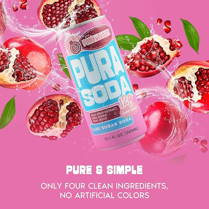 PuraSoda® Pomegranate | Low-Calorie, Cane Sugar Soda Beverage | Non-GMO, Vegan | Made with Pure Cane Sugar, Clean & Refreshing | 10.1 fl oz (300ml) Cans, Pack of 24