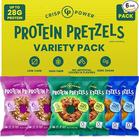 CRISP POWER High Protein Pretzels, Variety Pack With Sea Salt, Sesame, & Everything, 28g Plant-Based Protein Per Bag, Low Carb, Crunchy, No Added Sugar, Keto-Friendly Vegan Snack, 1.75 oz, 6 Pack