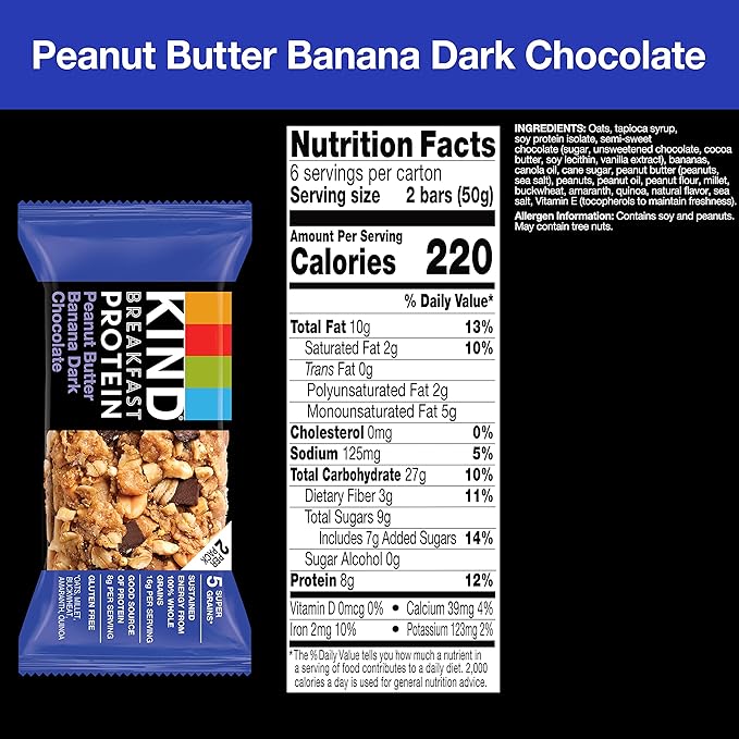 KIND Breakfast Protein Bars, Peanut Butter Banana Dark Chocolate, Healthy Snacks, Gluten Free, 8g Protein, 30 Count
