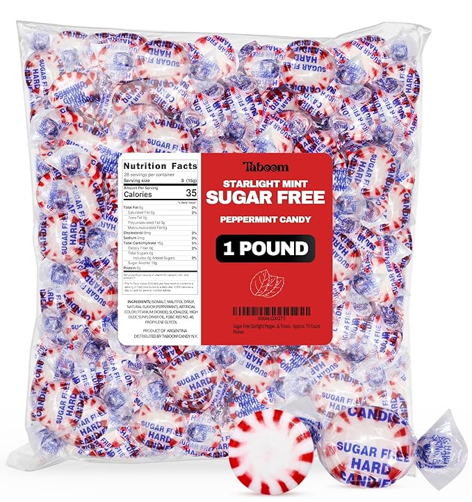 Sugar Free Starlight Peppermint Hard Candy 1 Pound - Approx. 75 Individually Wrapped Starlight Mints Peppermint Discs Hard Candy For Snacks & Treats - Taboom Candy