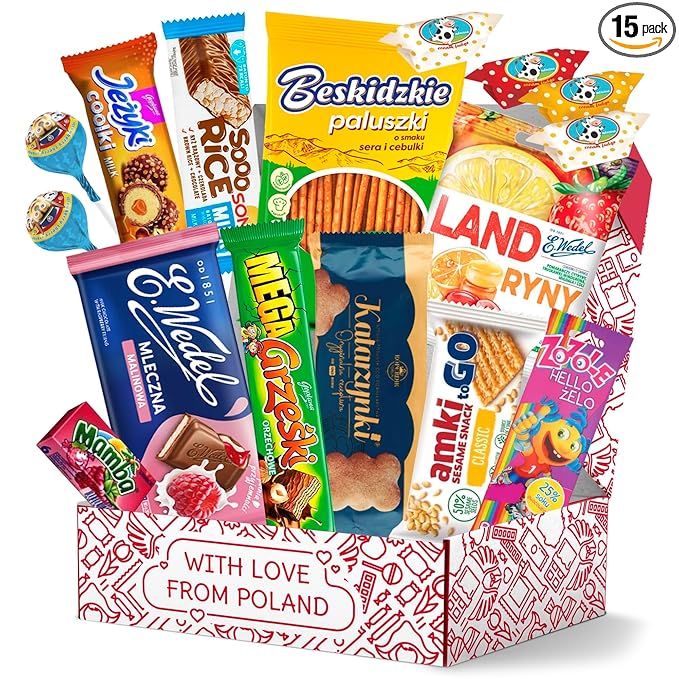 Authentic Polish Candy Snack Box - 15 Traditional Treats from Poland - Indulge in the Flavors of Poland with Wafers, Sesame snacks, Cookies & More! Perfect Poland Gifts