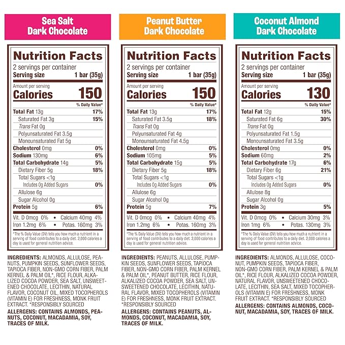 Munk Pack Peanut Butter Dark Chocolate Nut & Seed Snack Bars | 5g Protein, 1g Sugar - Gluten-Free, Low Sugar, Plant-Based - Coconut Almond, Variety Pack, Sea Salt Snacks | 6 Count