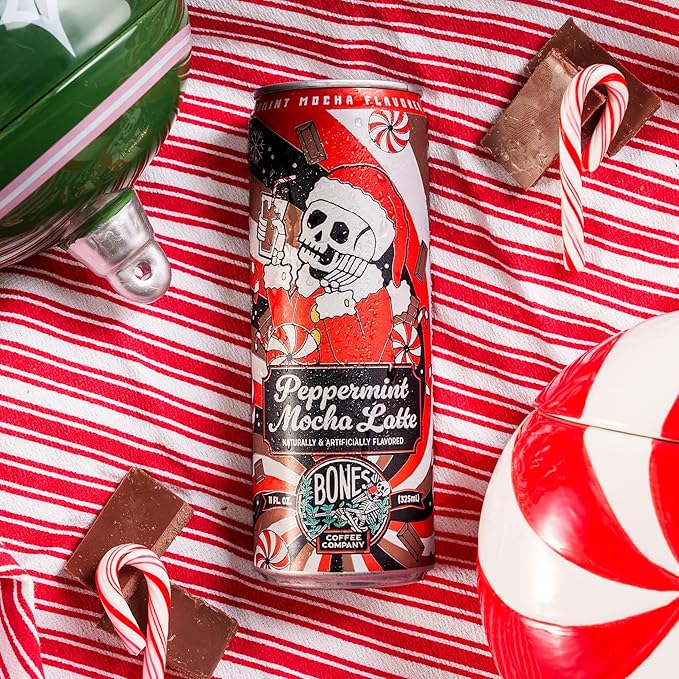 Bones Coffee Company Peppermint Mocha Latte Flavored Coffee, Medium Roast Ready To Drink Iced Coffee in Can, 11 Fl Oz Can (12 Pack)