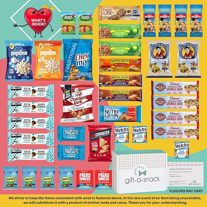 Gift A Snack - Valentines Day Healthy Snack Box Care Package + Greeting Card (40 Count) Birthday Treats Gift Basket, Nutritious Granola Breakfast Bars Office Food Assortments & Variety Gifts
