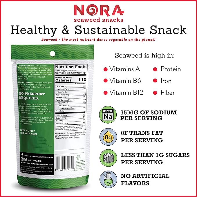 Original Crispy Seaweed Snacks by Nora, Low-Carb Healthy Snacks for Adults, Thick Nori Sheets Snack Strips, Asian Snacks, Vegan, Gluten-Free, Non-GMO, 12-Pack