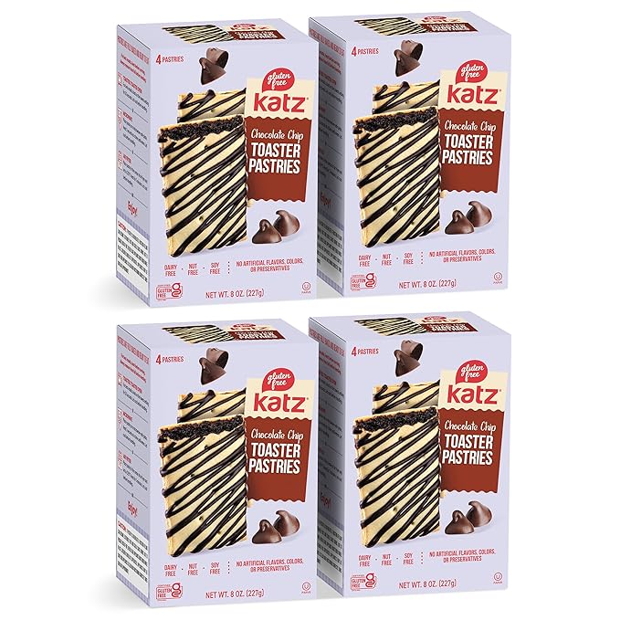 Katz Gluten Free Chocolate Chip Toaster Pastries. Breakfast Foods Snacks. Free of Dairy, Peanuts, Tree Nuts, and Sesame, No Artificial Color. Kosher. 8oz (4pk)