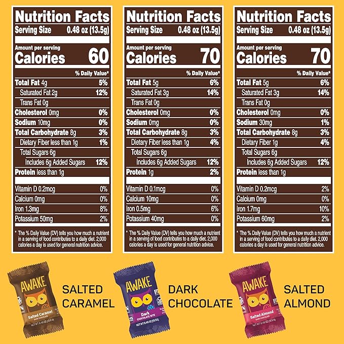 AWAKE - Caffeinated Chocolate Bites - USA Variety Pack (3 Flavors) 50 Bites - Dark, Salted Caramel, & Salted Almond - 50mg Caffeine - Coffee Alternative - Fairtrade - Gluten-Free - Non GMO - 0.48oz
