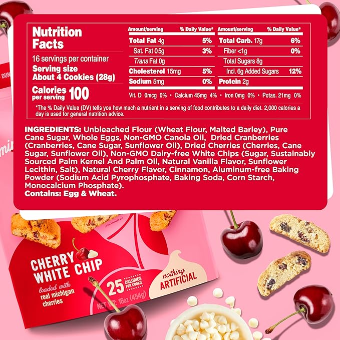 Cooper Street Twice-Baked Cherry White Chip Biscotti Cookies (16 oz Pack of 2) – Over 50 Biscotti Cookies per Bag Loaded with Real Fruit, Traditional Italian Style Snacks - Dairy, Peanut & Soy Free