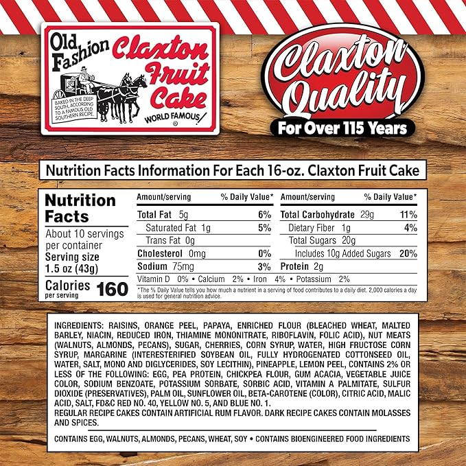 Old Fashion Claxton Fruit Cake - 1 Lb. Dark Recipe - Wrapped for Freshness in our Signature Claxton Carton