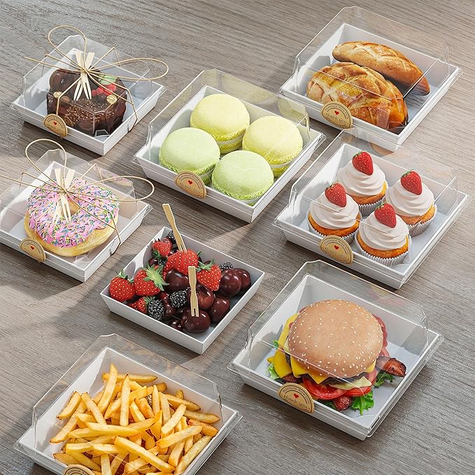 EffiQ-Rate 50 Pack Charcuterie Boxes with Clear Lids - To Go Paper Mini Charcuterie Box,Disposable Food Containers,White Dessert Boxes for Sandwich,Cookie,Sushi-Includes Strings,Stickers,and 100 Forks