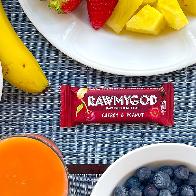 RAWMYGOD Fruit and Nut Bars, Gluten Free, Vegan, No Added Sugar (16 bars, Cherry & Peanut)