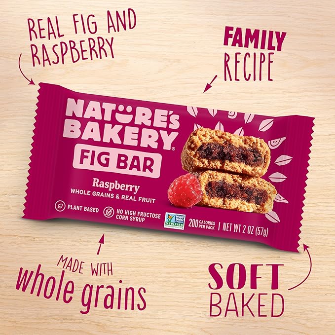 Nature’s Bakery Whole Wheat Fig Bars, Raspberry, Real Fruit, Vegan, Non-GMO, Snack bar, 1 box with 12 twin packs (12 twin packs) (Pack of 2)