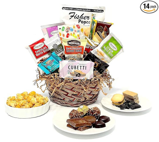 Hand-Crafted 14 Piece customizable chocolate gift basket of gourmet chocolates, cookies, and crunches. Tasty treats selected for businesses, clients, employees, birthdays, thank you and more!