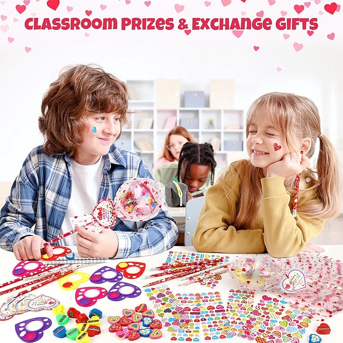 POPGIFTU Candy-Free Valentine’s Day Gifts for Kids – 28 Pack Giant Lollipop Stationery Valentines Kit with Cards, Pencils, Erasers, Rulers & Stickers –Classroom Valentine Cards for School Party Favors