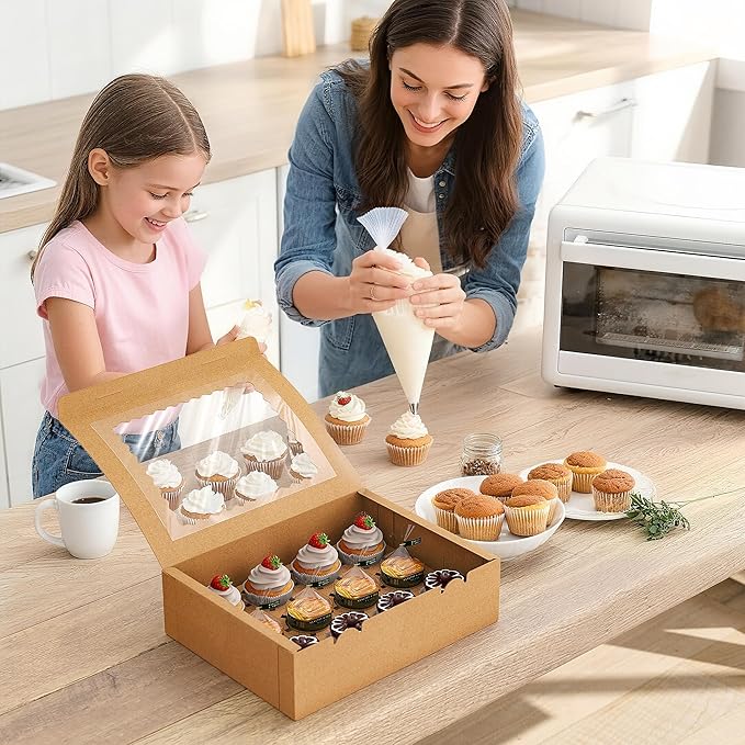 EffiQ-Rate 50 PCS Cupcake Boxes, 12-Count Cupcake Containers with Window, Brown Pastry Boxes with Inner Tray & 50 Stickers for Dessert, Party, Birthday, Holiday (12.8x9.84x3.54 Inch)
