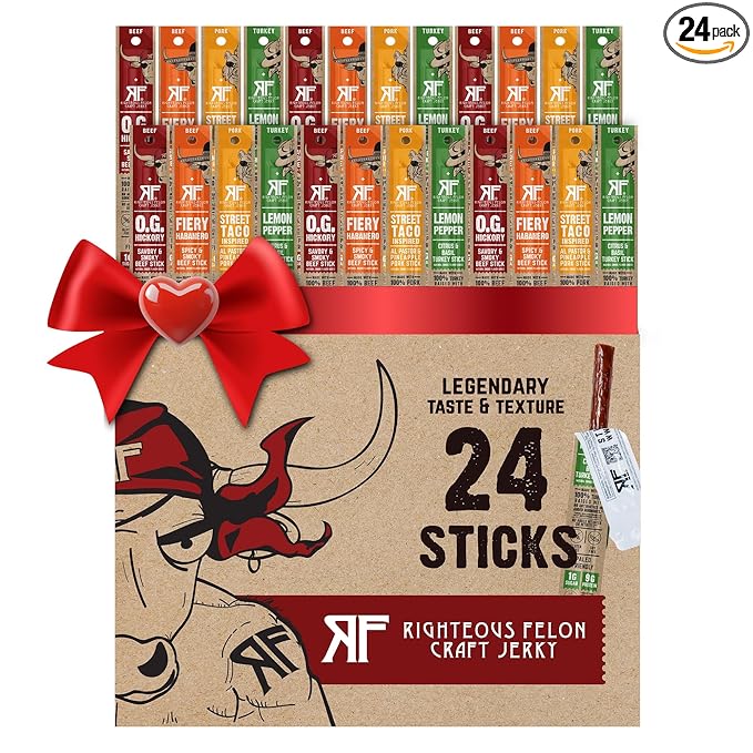 Righteous Felon Variety Meat Sticks | 100% Grass Fed Beef, Turkey, Pork | Keto, Gluten-Free, Low Sugar, High Protein Healthy Snacks | Valentines Day Gifts for Men | Jerky Variety Pack, 24 Count