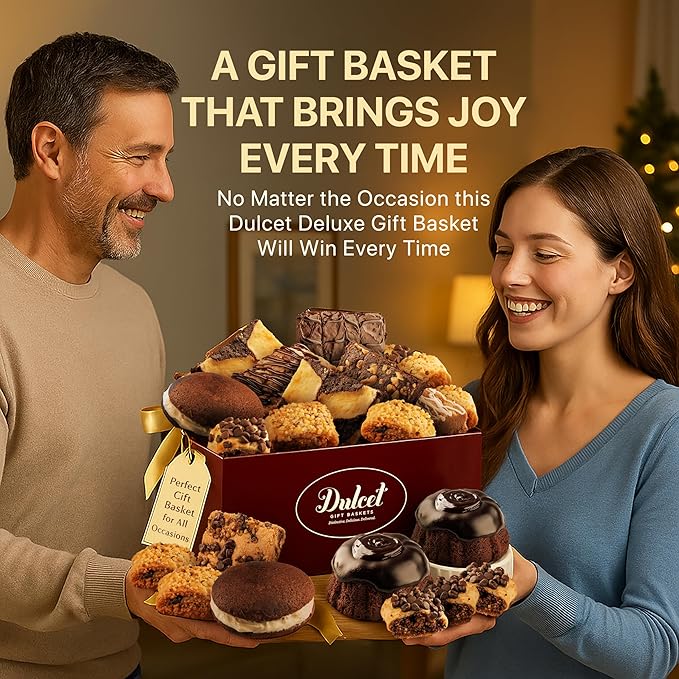 Dulcet Premium Gift Basket - Premium Assortment of Baked Goods - Valentines Gift Basket with Individually Wrapped Whoopie Pies, Brownies, Rugelah, and More - Personal Note Option Included.