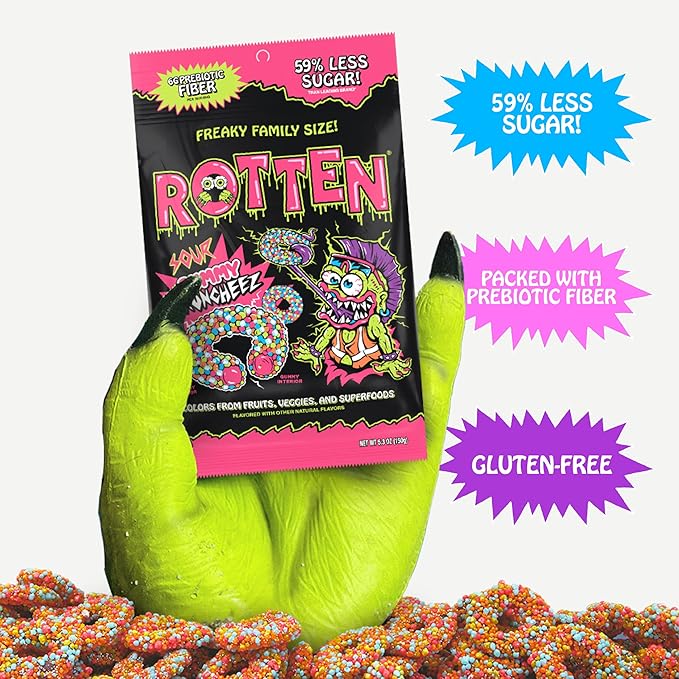 Rotten Sour Gummy Cruncheez - Low Sugar, Low Calorie, 5g Gut-Friendly Prebiotic Fiber, Gluten Free Candy, No Artificial Dyes - 5.3 oz Share Pack [4 Pack]