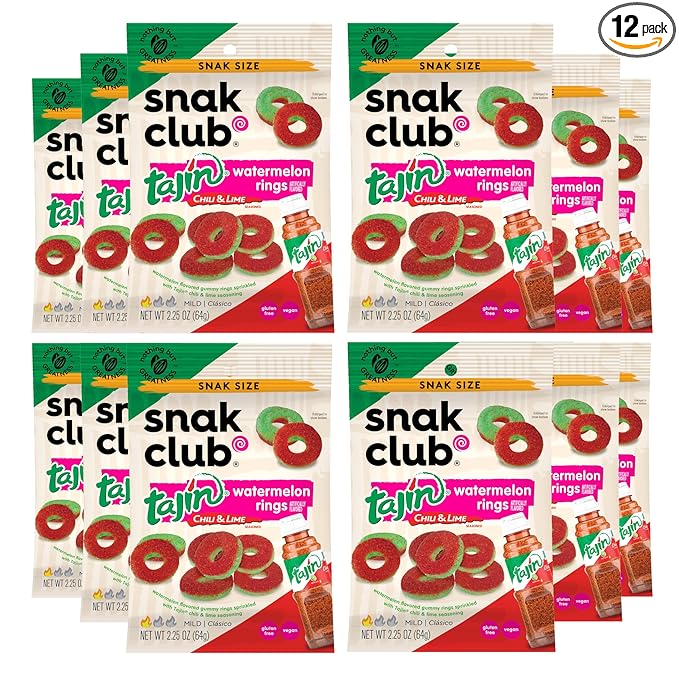 Snak Club Tajin Watermelon Rings, Chili & Lime Gummy Snacks, Mild in Heat Bold in Flavor, Gluten-Free Snack, 2.25oz,(Pack of 12)