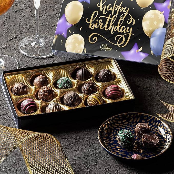 Happy Birthday Chocolates - 12 Assorted Milk & Dark Chocolate Truffles - Gourmet Box - Birthday Gifts for Women & Men, 6 oz