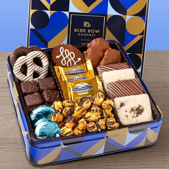 Blue Bow Gourmet Artisanal Chocolate Assortment Gift Tin for Birthday, Thank You, Business Gifts, Holiday