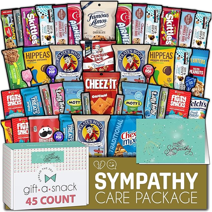 Gift A Snack - Sympathy Snack Box Care Package + Greeting Card (45 Count) Condolence for Loss of Loved One, Dog Pet Cat Memorial Sweet Treats Gift Basket - Office Food Assortments
