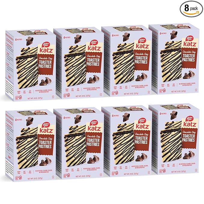 Katz Gluten Free Chocolate Chip Toaster Pastries. Breakfast Foods Snacks. Free of Dairy, Peanuts, Tree Nuts, and Sesame, No Artificial Color. Kosher. 8oz (8pk)