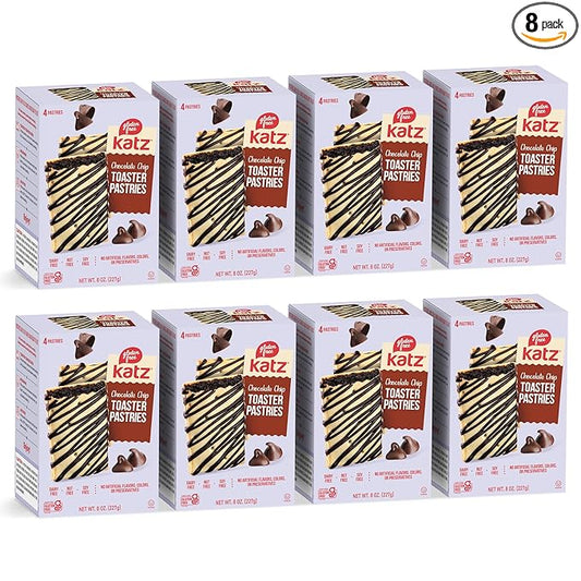 Katz Gluten Free Chocolate Chip Toaster Pastries. Breakfast Foods Snacks. Free of Dairy, Peanuts, Tree Nuts, and Sesame, No Artificial Color. Kosher. 8oz (8pk)