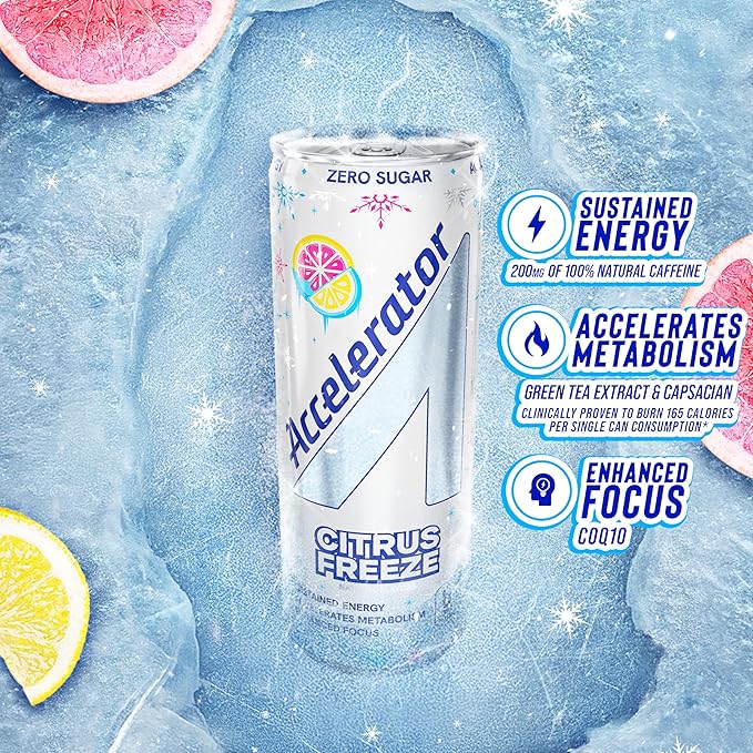Accelerator Energy Drink, Citrus Freeze 12oz can (12 pack), Zero Sugar, Sustained Energy from 100% Natural Caffeine (200mg from Green Coffee Bean & Green Tea extract)