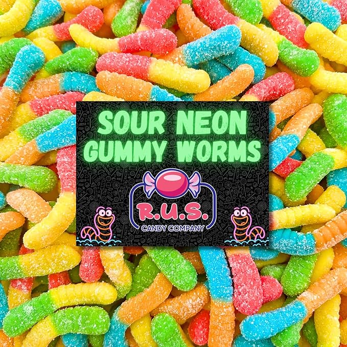 Sour Neon Gummy Worms – 1 Pound Bag | R.U.S. Candy Company | Tangy, Fruity, Chewy Candy | Bright & Fun Party Treats, Snack Bags, Movie Night, Birthday & Holiday Candy (1 Pound)