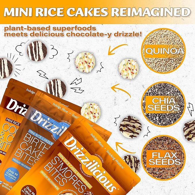 Drizzilicious Mini Rice Cakes Variety Pack- Rice Crisps, Healthy Snack for Adults and Kids, Flavored Rice Cakes, Vegan, Gluten Free Snack, Allergen Free, Only 90 Calories Per Bag- 0.74 oz (Pack of 12)
