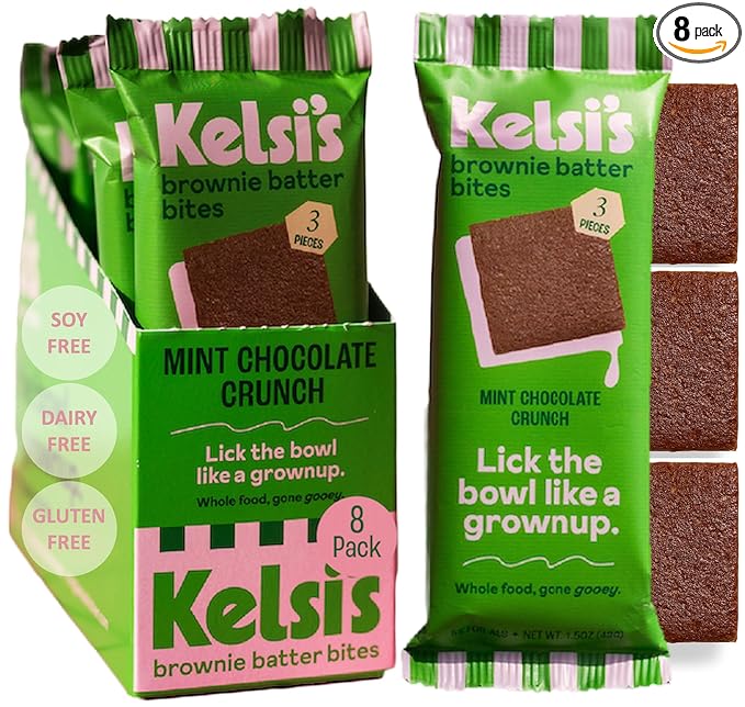 Kelsi's Mint Chocolate Crunch Brownie Batter Bites, 8 pack - Whole Ingredients, Healthy Brownie Bites, Dairy Free, Gluten Free, Soy Free Chocolate, Zero Refined Sugar, Paleo, Minimally Processed, Healthy Snack Alternative for Adults & Kids