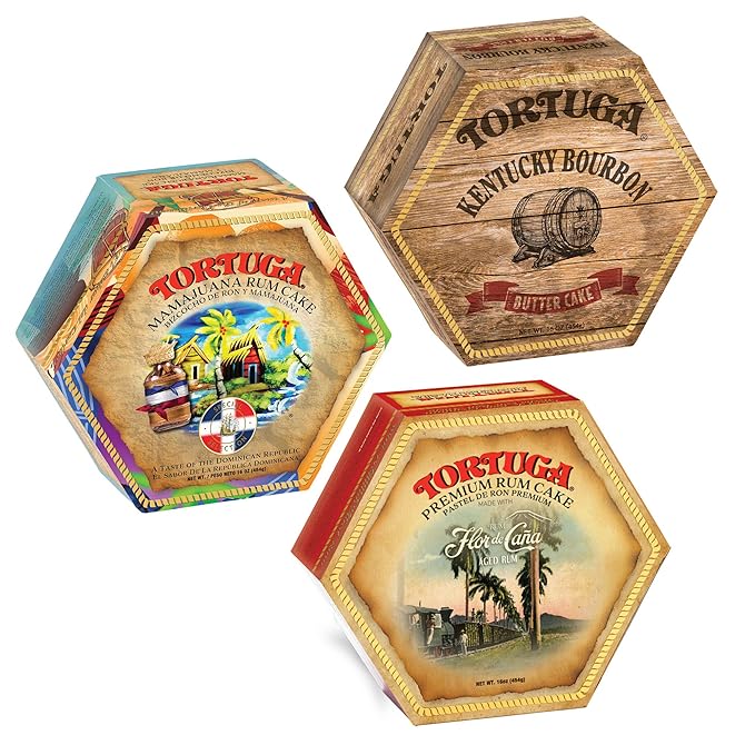 TORTUGA Gourmet Trio Gift Pack - Kentucky Bourbon, Mamajuana & Flor De Cana - 3 Cakes 16oz - The Perfect Premium Gourmet Gift for Stocking Stuffers, Gift Baskets, and Christmas Gifts - Great Cakes for Delivery